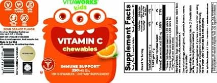 Kids Vitamin C Chewable Tablets | 250 mg | Great Tasting, Naturally Sourced Orange Flavor | Vegan, Non GMO, Gluten Free, Vitamins | for Immune Support | for Children | 120 Chewables