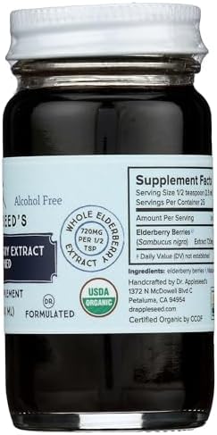 Dr. Appleseed's Organic Elderberry Extract Unsweetened Max Strength 11,000mg Kids + Adults Daily Immune Supplement Doctor- Formulated Science-Backed Pure Vegan 24 Day Supply – 2 Fl Oz