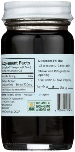 Dr. Appleseed's Organic Elderberry Extract Unsweetened Max Strength 11,000mg Kids + Adults Daily Immune Supplement Doctor- Formulated Science-Backed Pure Vegan 24 Day Supply – 2 Fl Oz