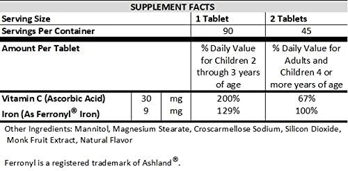 Kids Chewable Iron Supplement, Ferronyl® Carbonyl Iron 9 mg, Vitamin C 30 mg, Tangerine Tango Orange Flavor, 90 Count