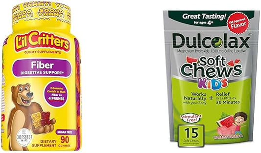 L’il Critters Fiber Daily Gummy Supplement for Kids, for Digestive Support, Berry & Dulcolax Kids Soft Chews Saline Laxative Watermelon Gentle Constipation Relief, Magnesium