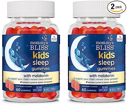 Mommy's Bliss Kids Sleep Melatonin Gummies, No Artificial Colors, Flavors or Gelatin, Strawberry Flavor, Age 3+, 60 Gummies (Packaging May Vary) (Pack of 2)