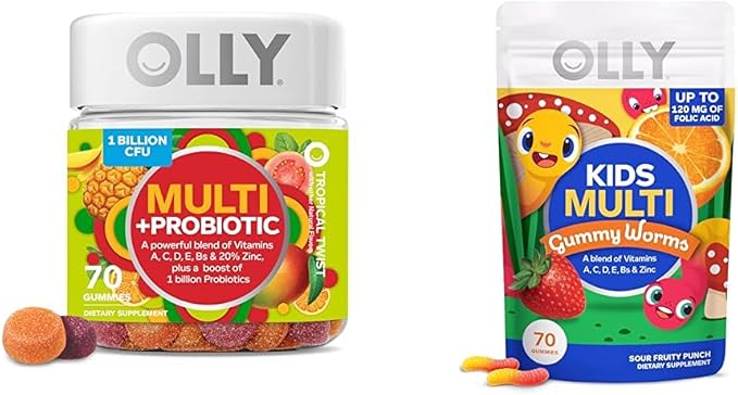 OLLY Adult Multivitamin with Probiotics & Kids Multivitamin Gummy Worms, 35 & 45 Day Supply