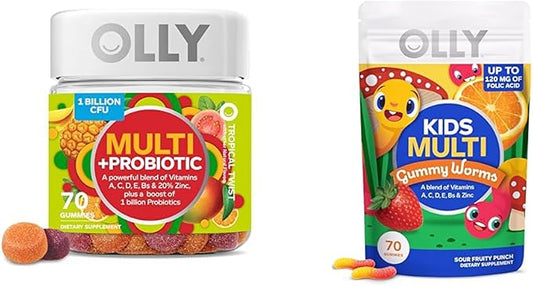 OLLY Adult Multivitamin with Probiotics & Kids Multivitamin Gummy Worms, 35 & 45 Day Supply