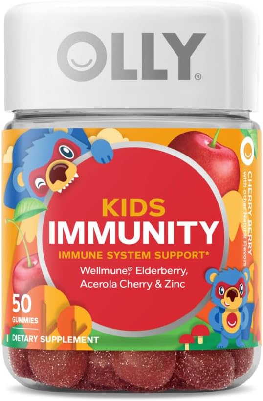 OLLY Kids Immunity Gummy, Immune Support, Wellmune, Elderberry, Vitamin C, Zinc, Chewable Supplement, Cherry - 50 Count & Gummy Active Immunity+Elderberry, 45 Gummies (1 Pack), Berry Flavor