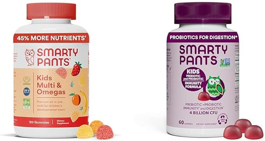 SmartyPants Kids Multivitamin Gummies and Probiotic Immunity Bundle: Omega 3 Fish Oil (EPA/DHA), Vitamin D3, C, Vitamin B12, B6, Digestive & Immune Support Supplement (30 Day Supply)