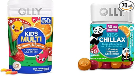 OLLY Kids Multivitamin Gummy Worms 70 Count and Chillax Magnesium Gummies 50 Count Bundle