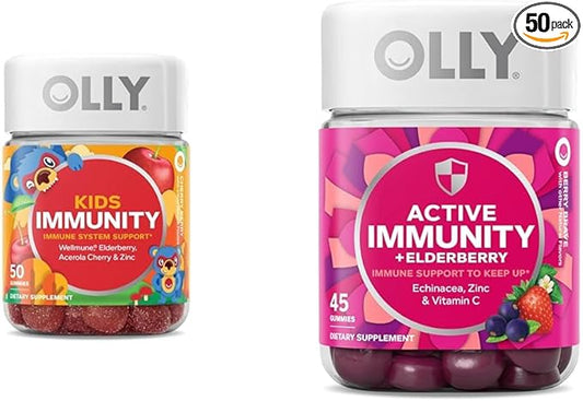 OLLY Kids Immunity Gummy, Immune Support, Wellmune, Elderberry, Vitamin C, Zinc, Chewable Supplement, Cherry - 50 Count & Gummy Active Immunity+Elderberry, 45 Gummies (1 Pack), Berry Flavor