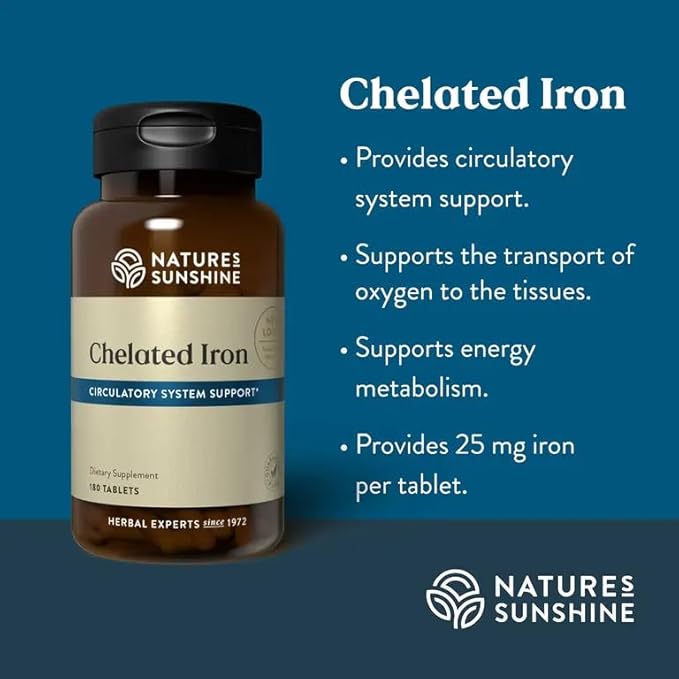 Nature's Sunshine Iron-Chelated 25mg, 180 Tablets | Provides Circulatory System Support, Helps the Transport of Oxygen to the Tissues, and Provides 25 mg Iron per Tablet
