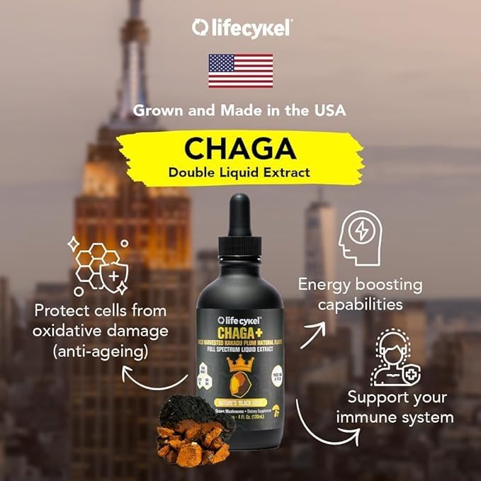 Lifecykel - Organic Chaga Mushroom Extract with Kakadu Plum - Double Extracted Mushroom Tincture - Non-GMO Immune Support Supplement for Adults and Kids - 1 Fl Oz