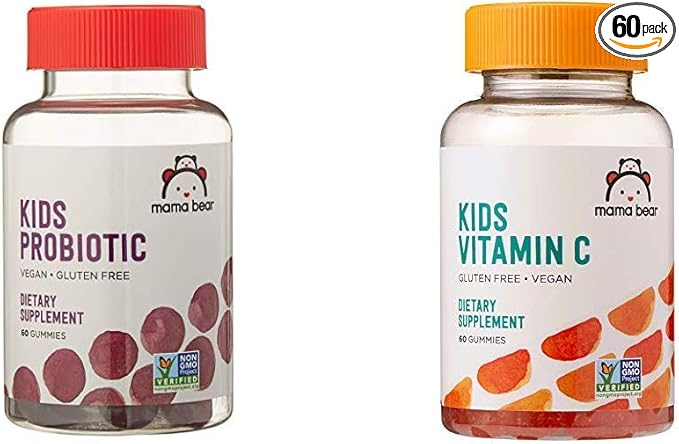 Amazon Brand - Mama Bear Vegan Probiotic, 60 Gummies, 1 Billion CFU per Gummy & Mama Bear Vegan Kids Vitamin C, 60 Gummies, 125 mg Vitamin C per Gummy