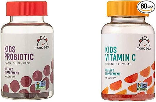 Amazon Brand - Mama Bear Vegan Probiotic, 60 Gummies, 1 Billion CFU per Gummy & Mama Bear Vegan Kids Vitamin C, 60 Gummies, 125 mg Vitamin C per Gummy