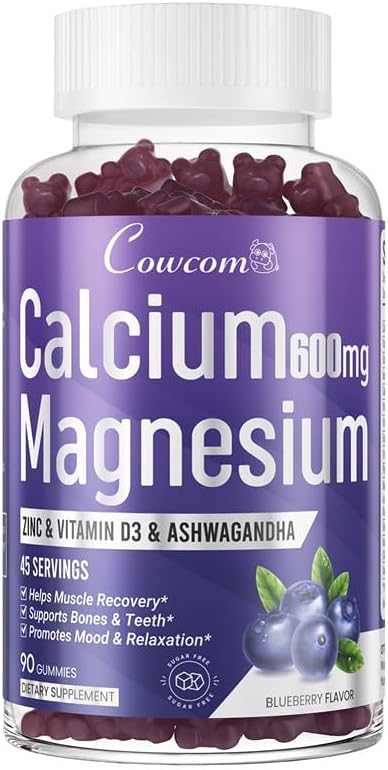 Calcium Magnesium Zinc Gummies for Kids Adults,High Absorption Magnesium Glycinate 300mg with Vitamin D3,B6,B12 for Bone,Muscles,Calm Mood,Sleep Support,Sugar-Free,Vegan,Blueberry Flavor,90 Counts