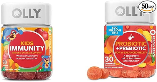 OLLY Kids Immunity Gummy, Immune Support, Wellmune, Elderberry, Vitamin C, Zinc & Probiotic + Prebiotic Gummy, Digestive Support and Gut Health, 500 Million CFUs, Fiber
