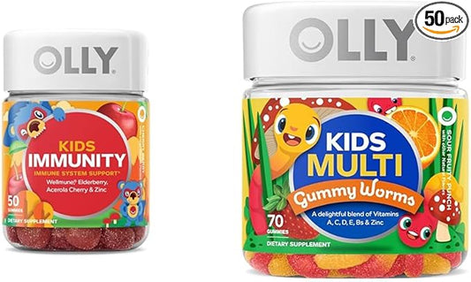 OLLY Kids Immunity Gummy, Immune Support, Wellmune, Elderberry, Vitamin C, Zinc & Kids Multivitamin Gummy Worms, Overall Health and Immune Support, Vitamins and Minerals A, C, D