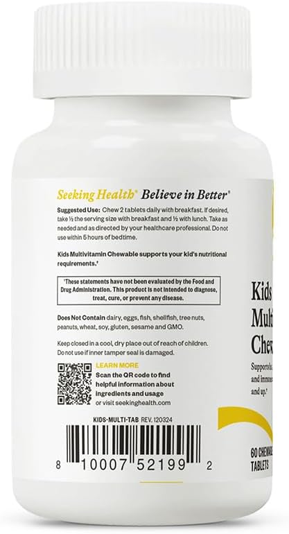 Seeking Health Kids Multivitamin Chewable, Formulated for Children’s Health, with L-5-MTHF L-Methylfolate, B12, Riboflavin, Vitamin A, Vegetarian (60 Chewable Tablets)*