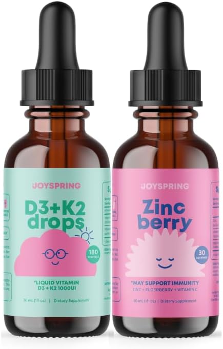 JoySpring Vitamin D & Zinc Bundle | Kids Vitamins & Minerals Naturally Sourced, Non-GMO, Non-Alcoholic Liquid Formula, Immunity Health Support | Vegan & Vegetarian Supplement Drops