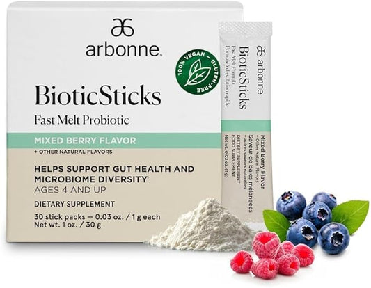 Arbonne BioticSticks Fast Melt Probiotic for Gut Health – Probiotics for Women, Men, and Kids – Gut Health Supplement – Vegan, Gluten-Free, Non-GMO – Mixed Berry Flavor – 30 Stick Packs