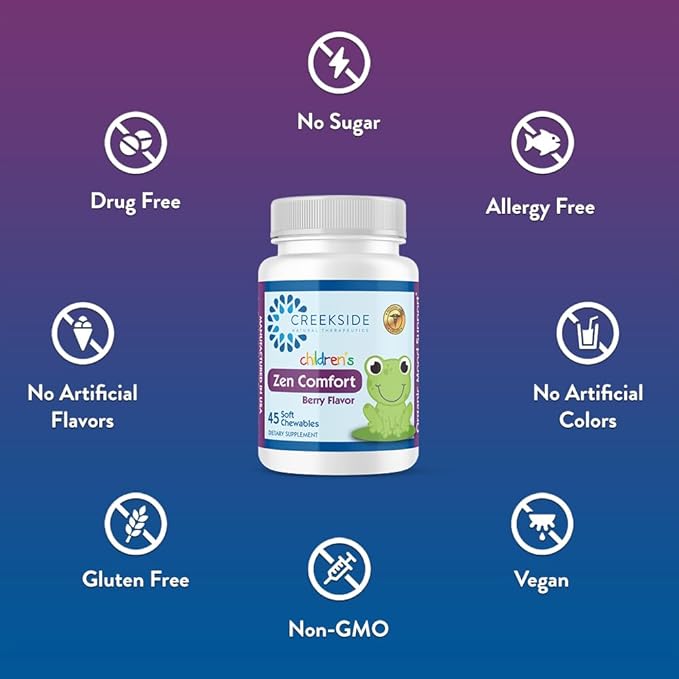 Zen Comfort for Kids, Organic Relaxation Support with 5-HTP, L-Theanine, Passionflower, Zinc, Pediatrician Formulated, Zero Sugar, Vegan, Berry Flavor, 45 Soft Chewables