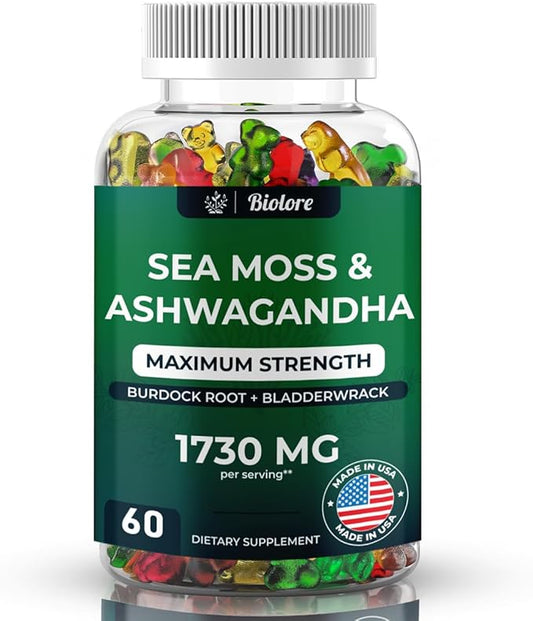 Sea Moss Gummies with Ashwagandha, Irish Sea Moss, Burdock Root, Bladderwrack - Gummies for Adults, Kids, Men, Women - Vegan, Gluten-Free