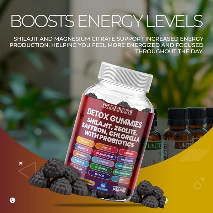 Sugar Free Zeolite Detox Gummies Shilajit Saffron Probiotics Chlorella Psyllium Husk Saffron Senna Leaf Magnesium Citrate Zinc Milk Thistle Heavy Metal Kids Adults Energy and Focus