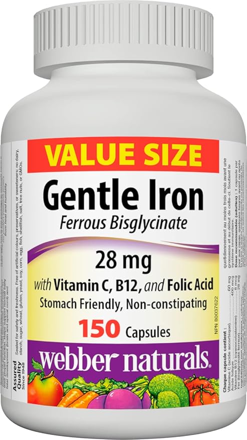 Webber Naturals Gentle Iron Supplement with Vitamin C, B12 and Folic Acid, 28 mg, 150 Capsules, Stomach-Friendly, Non-Constipating, Helps Prevent Iron Deficiency Anemia