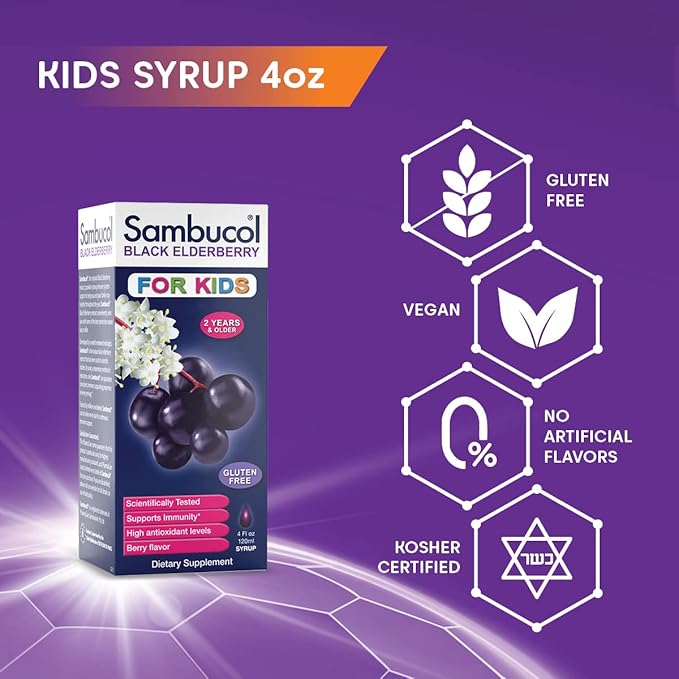 Sambucol Black Elderberry Syrup for Kids - Kids Elderberry Syrup, Added Vitamin C, Black Elderberry Syrup for Kids, Sambucus Elderberry Kids Syrup For Immune Support, Delicious Berry Taste - 4 Fl Oz