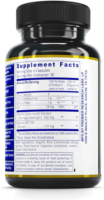 Premier Research Labs Phyto-Iron - Plant Based Iron for Men & Women for Blood Support, Curry Leaves Supplement, Iron Supplements, Non-Heme Iron, 18mg Iron Per Serving - 120 Vegetarian Capsules