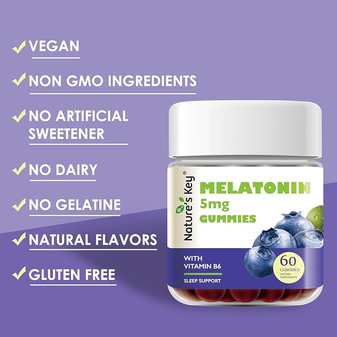 Nature's Key Melatonin Gummies for Kids & Adults, 5mg Dose Gummy with Vitamin B6, Non-GMO,Gluten-Free-Natural Blueberry Flavor 60 Count