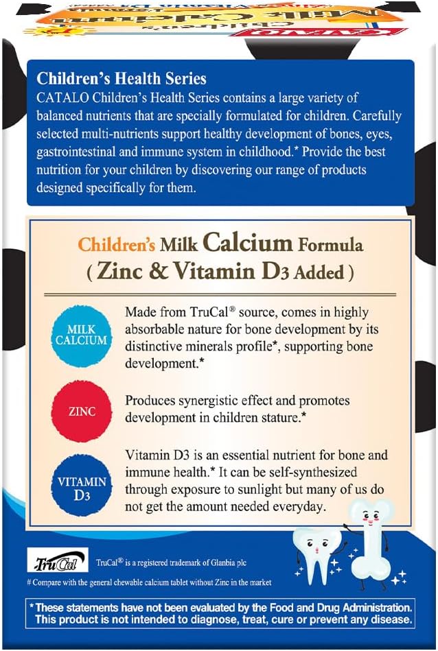 CATALO Children’s Milk Calcium Formula – Kids & Toddler Milk, Bone Supplement, Zinc & Vitamin D3 Added, Kids Vitamins, Toddler Formula 12-36 Months – 50 Chewable Tablets