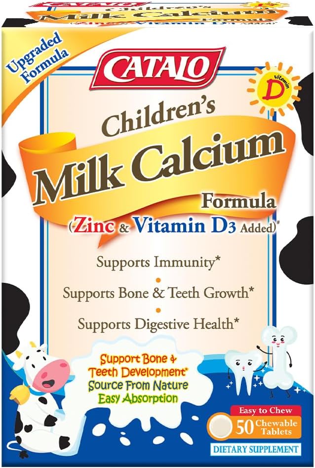 CATALO Children’s Milk Calcium Formula – Kids & Toddler Milk, Bone Supplement, Zinc & Vitamin D3 Added, Kids Vitamins, Toddler Formula 12-36 Months – 50 Chewable Tablets