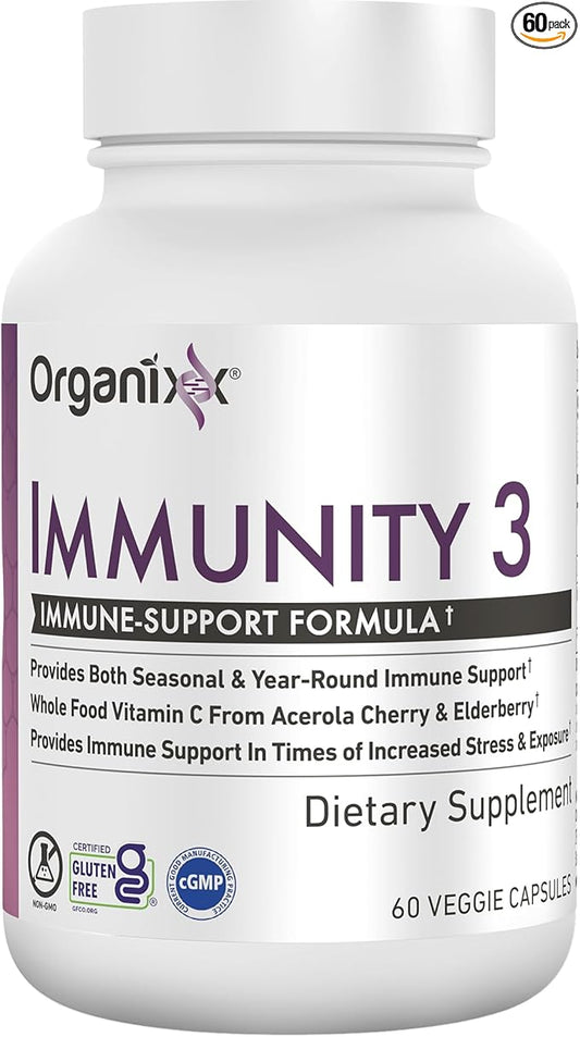 Organixx Immunity 3 Immune Support Supplement – Vitamin C, Zinc, Elderberry – Whole Food Immune Defense for Adults & Kids, Greater Absorption, Non GMO, 60 Capsules