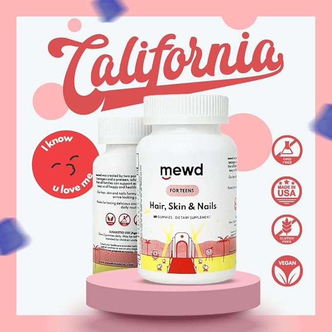 MEWD Teen and Kids Hair, Skin+Nails Daily Multivitamin Gummy Strengthener Formula - Chewable Vitamin Supplements with Biotin,Zinc,Vitamins A, B, & D3 for Girls & Boys, 60, Made in USA