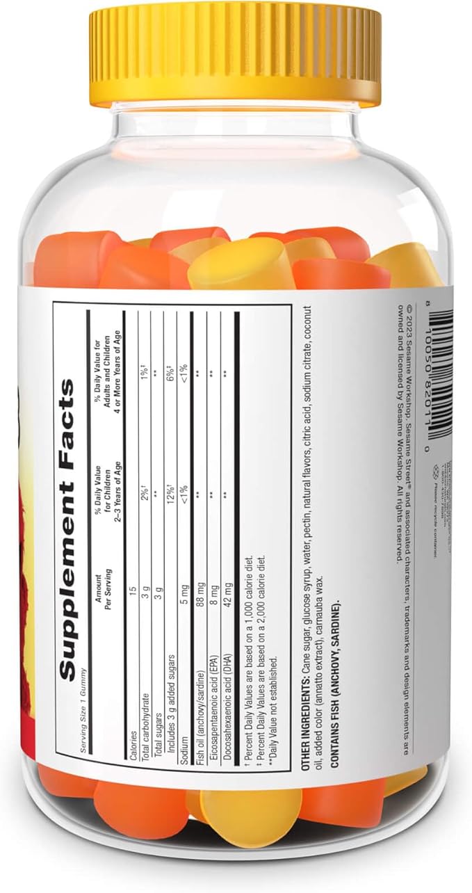 Sesame Street Omega 3 Gummies for Kids, 50 mg of Omega-3 per Gummy, 4 Month Supply, No Fishy Aftertaste, Shellfish Free Supplement, Brain & Eye Support, 120 Gummies