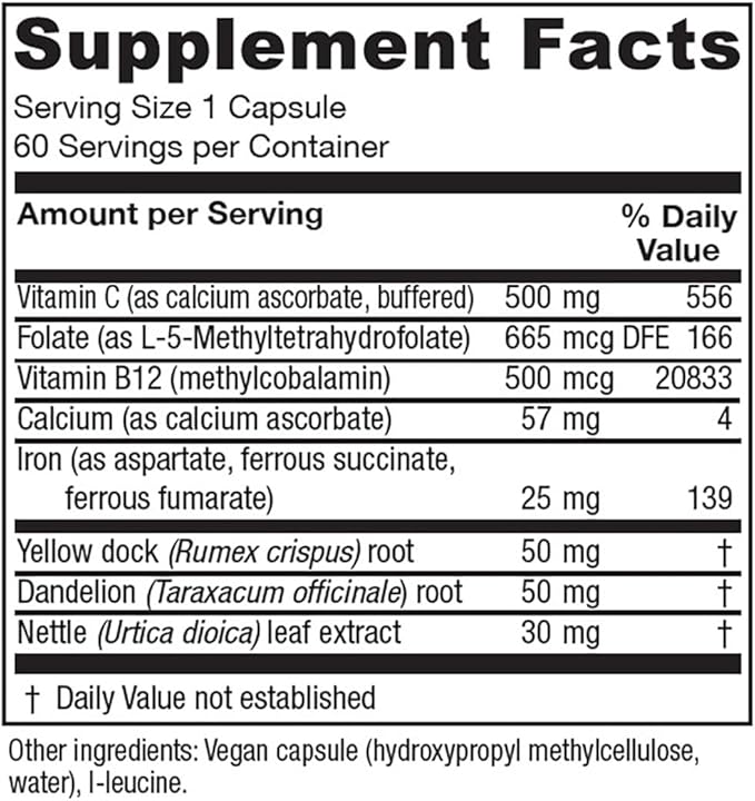 Vitanica Iron Extra, Iron Supplement Enhanced Absorption with Vitamin C 500mg, Methylfolate 400mcg, B12 Vitamin 500mcg, Calcium, Yellow Dock, Dandelion Root & Nettle Leaf Extract, Vegan, 60 Capsules