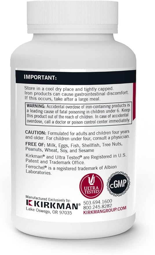 Kirkman - Iron Ferrochel 5mg - 120 Capsules - Aids Hemoglobin & Myoglobin Production - Supports Red Blood Cells Formation - Hypoallergenic