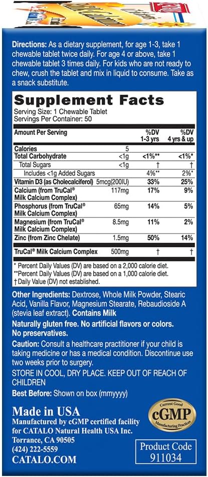 CATALO Children’s Milk Calcium Formula – Kids & Toddler Milk, Bone Supplement, Zinc & Vitamin D3 Added, Kids Vitamins, Toddler Formula 12-36 Months – 50 Chewable Tablets