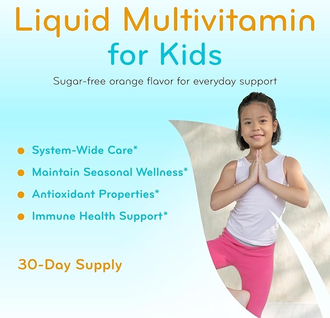 Sugar Free Liquid Multivitamin for Kids - High Absorption Kids Liquid Multivitamin with Vitamins A C D E & B Complex Plus Quercetin Immune Support Complex - 3rd Party Tested - Orange Flavor (1 Month)