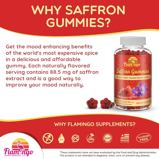 Saffron Extract Gummies-Sugar Free Saffron Supplement Enhanced with GABA, Saint John's Wort, Passion Flower- Saffron Supplements for Kids, Women, Men. Focus and Mood Support. 60 Saffron Gummies