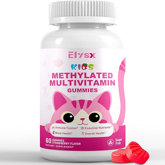 Methylated Multivitamin Chewable for Kids Gummies, MTHFR Supplement with L Methylfolate, Magnesium, Biotin, Choline, Inositol, DHA, TMG & CoQ 10, Immune & Brain Support, Strawberry Flavor, 60 Ct