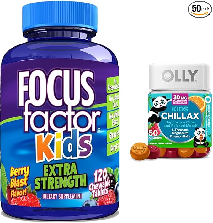 Focus Factor Kids Extra Strength Daily Chewable Brain Health Support + OLLY Kids Chillax Calm Chews, 50 Count