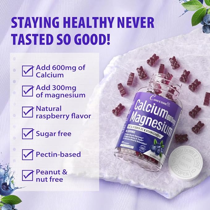 Calcium Magnesium Zinc Gummies for Kids Adults,High Absorption Magnesium Glycinate 300mg with Vitamin D3,B6,B12 for Bone,Muscles,Calm Mood,Sleep Support,Sugar-Free,Vegan,Blueberry Flavor,90 Counts