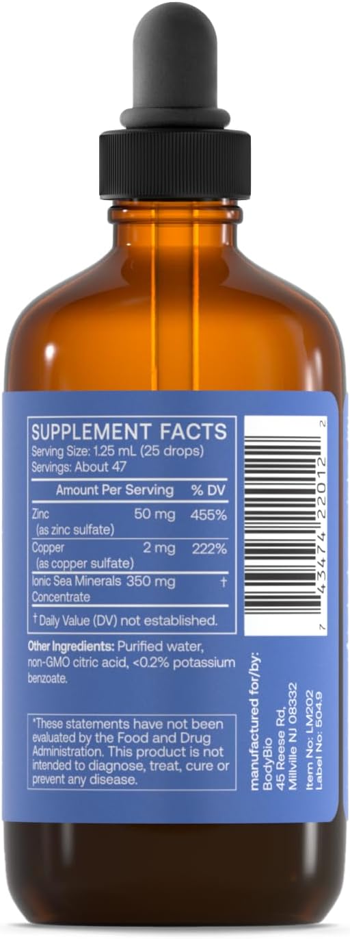 BodyBio Ionic Liquid Zinc Drops 2 oz | Immune Health & Cell Repair | Antioxidant | Ultimate Absorption | No Additives | Concentrated Liquid Zinc Supplement for Adults & Kids