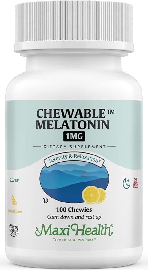 Maxi Health Chewable Melatonin, Kosher Lemon Flavor, Melatonin for Adults & Kids, Natural Aid for Adults & Children, Melatonin Chewables Alternative to Melatonin Gummies Kids Dose, (100 Count)