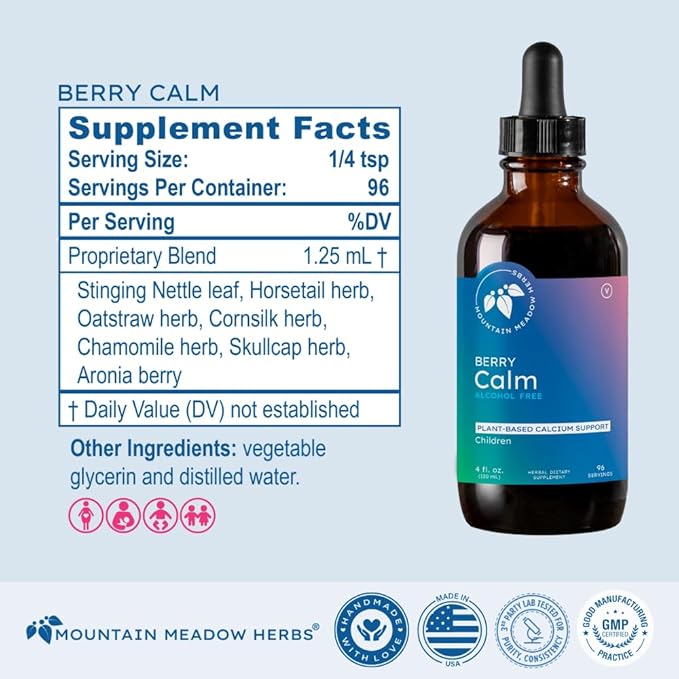 Mountain Meadow Herbs Berry Calm for Kids | Great Tasting Herbal Calcium Supplement for Strong Bones & Teeth | Improves Focus and Relaxation | 4 Oz
