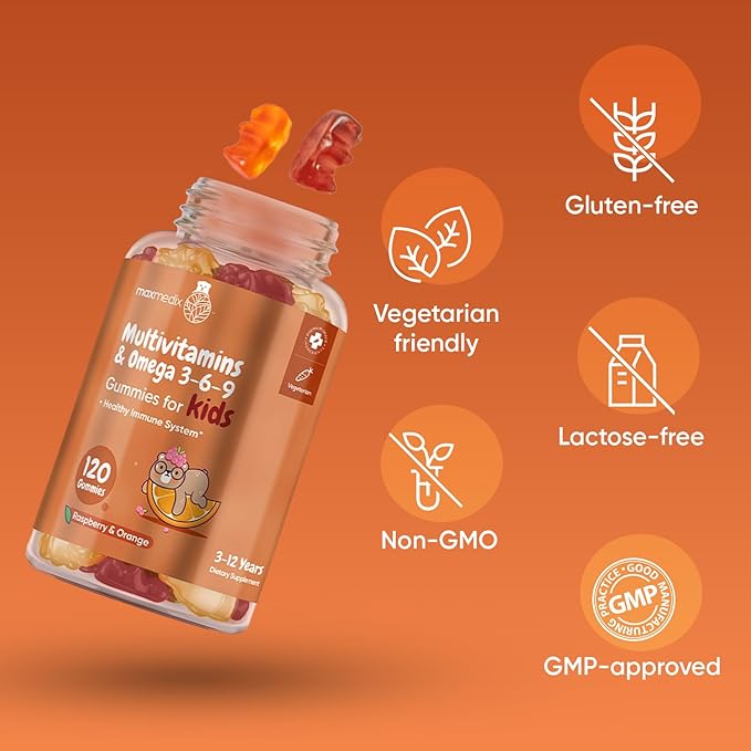 Kids Multivitamin Gummies with Omega 3 6 9-120 Gummies (60 Servings) - Essential Kids Vitamin A, C, D & B12, Minerals & Nutrients - Natural Raspberry & Orange Flavor - Third-Party Tested