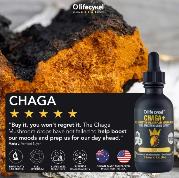 Lifecykel - Organic Chaga Mushroom Extract with Kakadu Plum - Double Extracted Mushroom Tincture - Non-GMO Immune Support Supplement for Adults and Kids - 1 Fl Oz