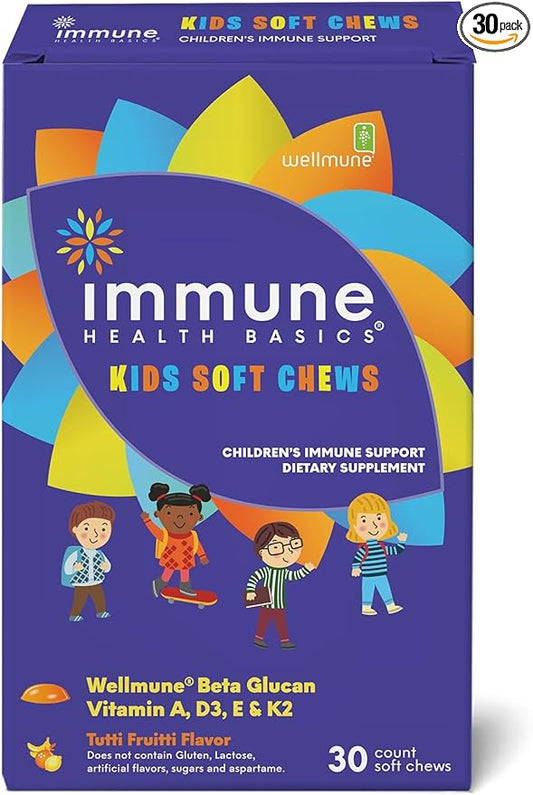 Kids Soft Chews with Wellmune® | Natural Beta Glucan Supplement for Immune Support & Daily Wellness | Allergen-Free & No Added Sugar | Tutti-Frutti Flavor, 30 Soft Chews