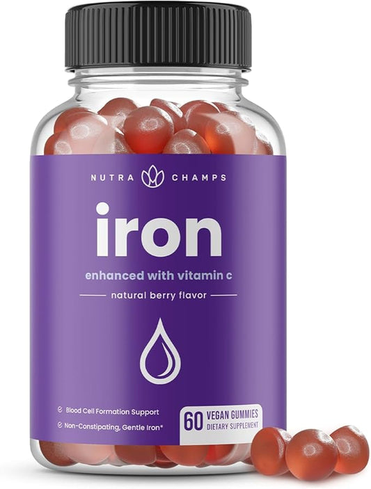 NutraChamps Iron Gummies with Vitamin C, 20mg Iron Gummies for All, Blood Cell Formation Support, 60 Gummies, Vegan Iron Gummy for Iron Deficiency & Anemia, Energy, Focus, Immune Boost