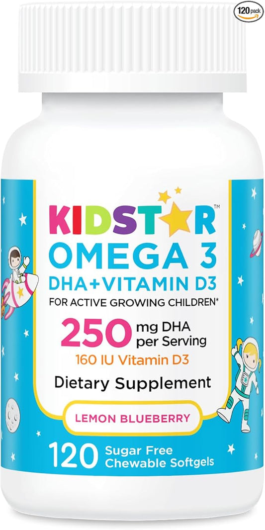 KidStar Nutrients Omega 3 with Vitamin D3, High-DHA, Lemon Blueberry, 120 Chewable Softgels